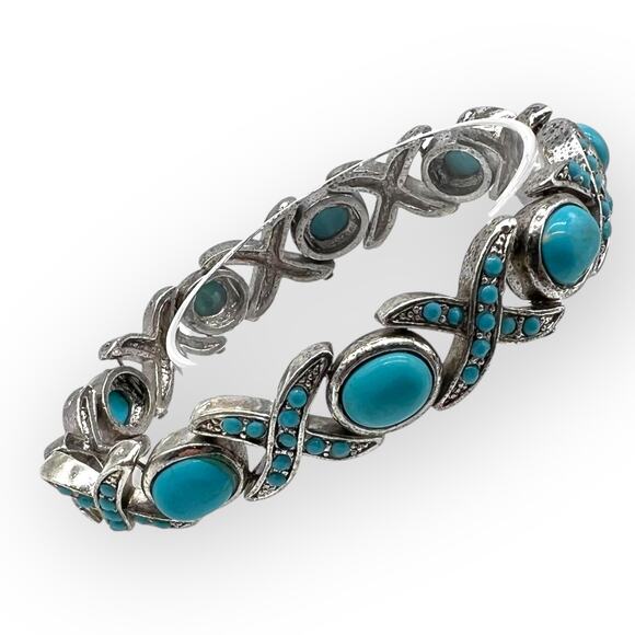 Balinese Silver Bracelet Turquoise Blue Square Shape Semi Precious Stone Howlite - Picture 5 of 11